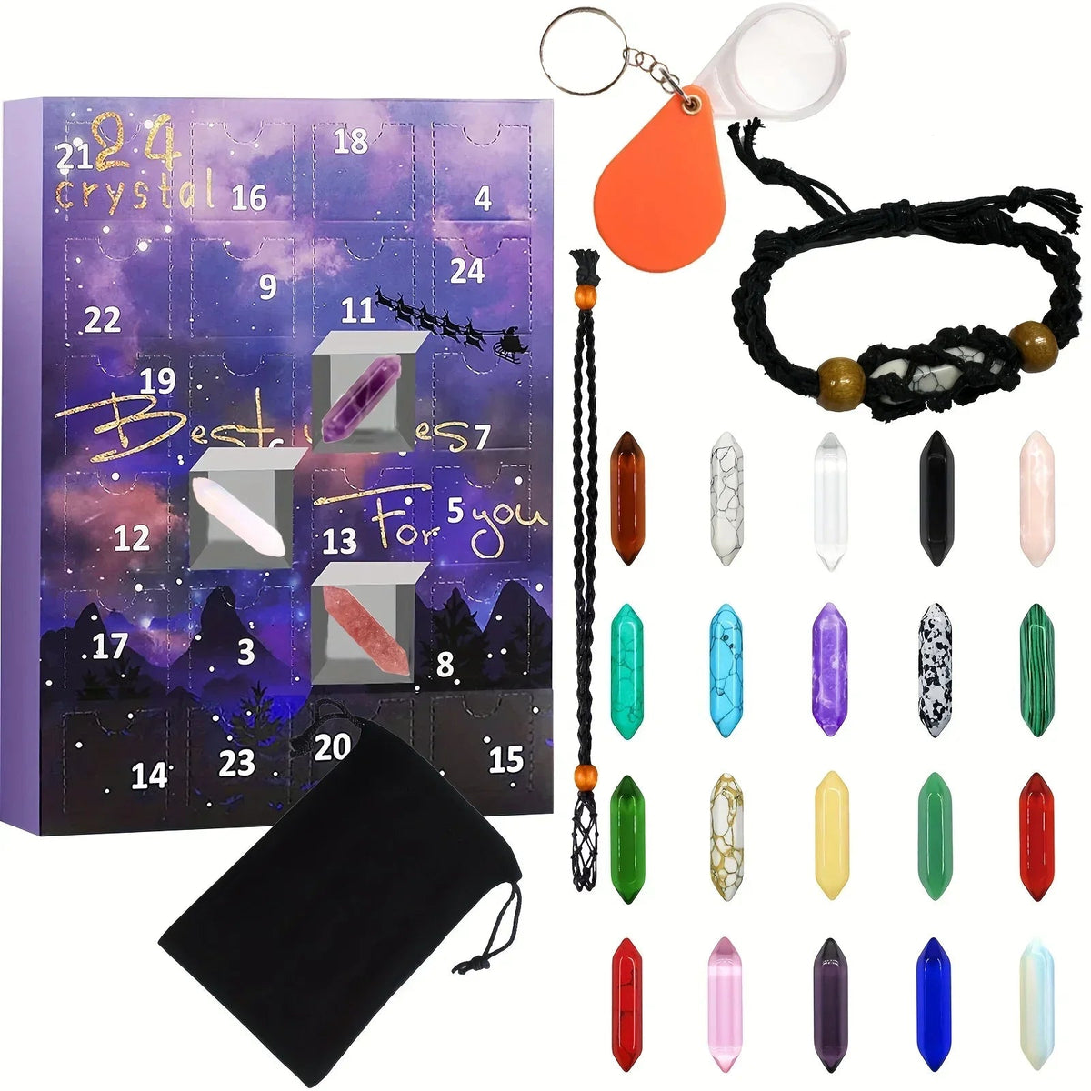 Advent Calendar with 24 Natural Crystal Gemstones Inside