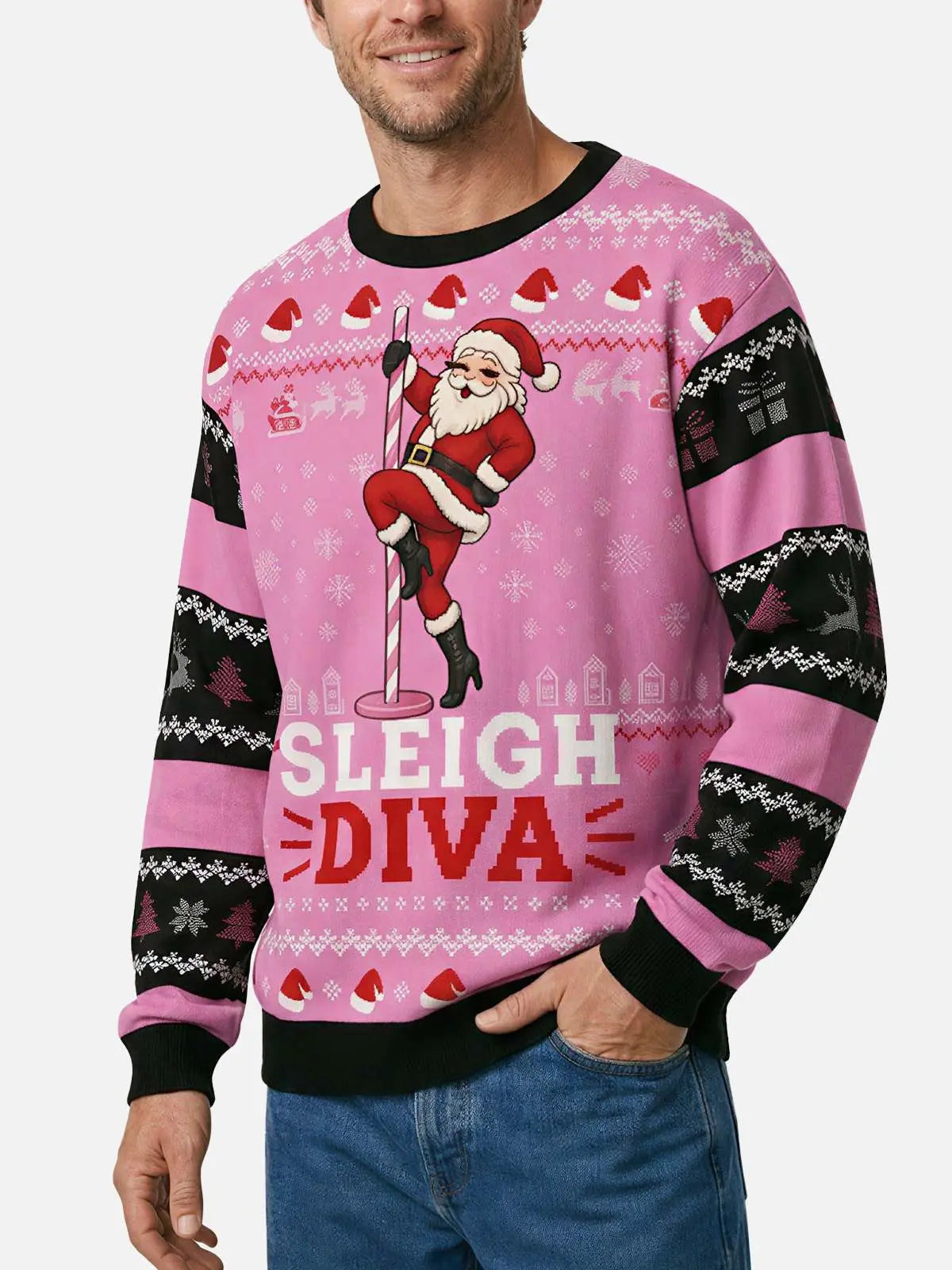 Ugly Christmas Sweater Santa on a Pole in Pink up to Size 6XL