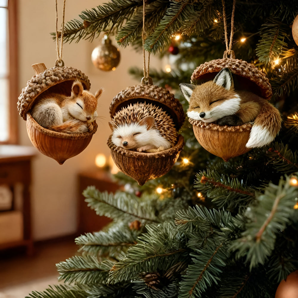 Christmas Ornaments Acorn Houses with Animals Resting Inside