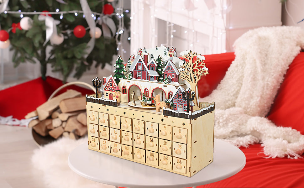 Advent Calendar Wooden House with 24 Numbered Drawers