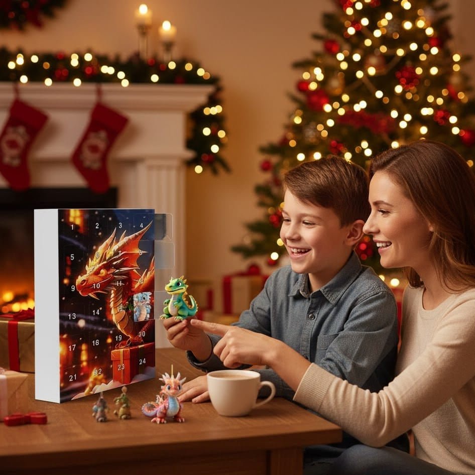 Advent Calendar Dragons with 24 Colourful Pendants