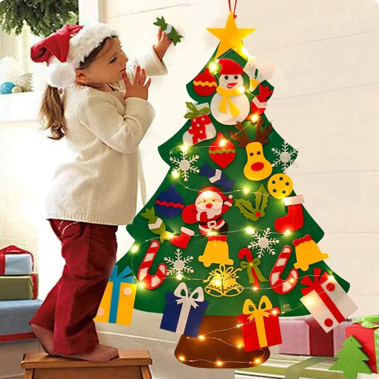 Felt Christmas Tree Wall Hanging 100 cm with LED Lights and 30 Ornaments
