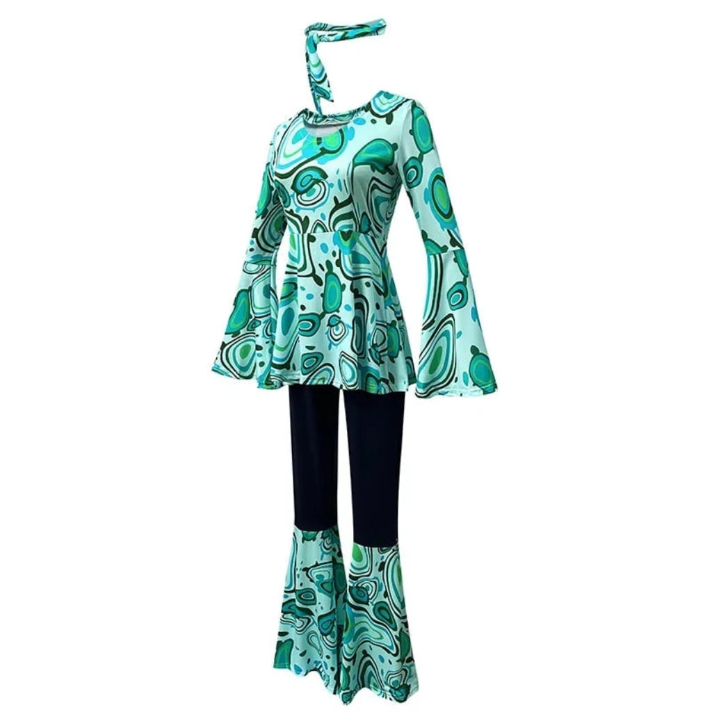 70s Hippie Costume Three Piece Set with Bell Bottom Trousers and Headband