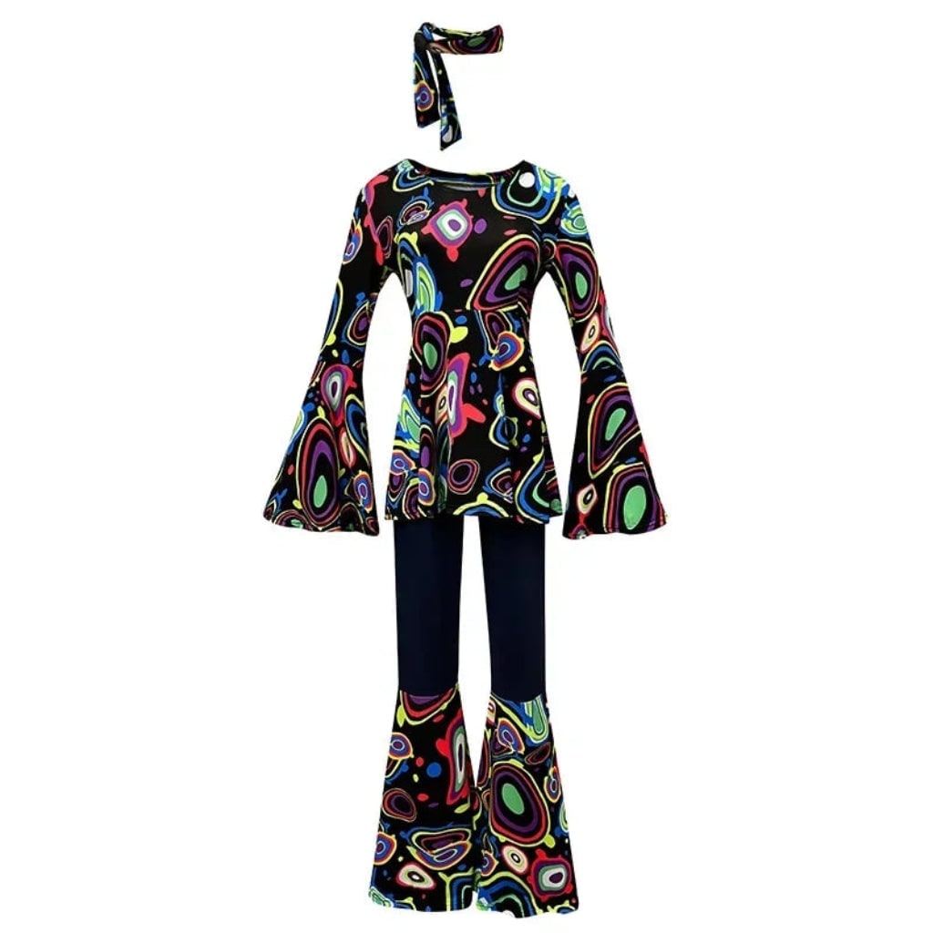 70s Hippie Costume Three Piece Set with Bell Bottom Trousers and Headband