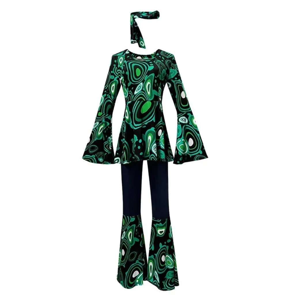 70s Hippie Costume Three Piece Set with Bell Bottom Trousers and Headband