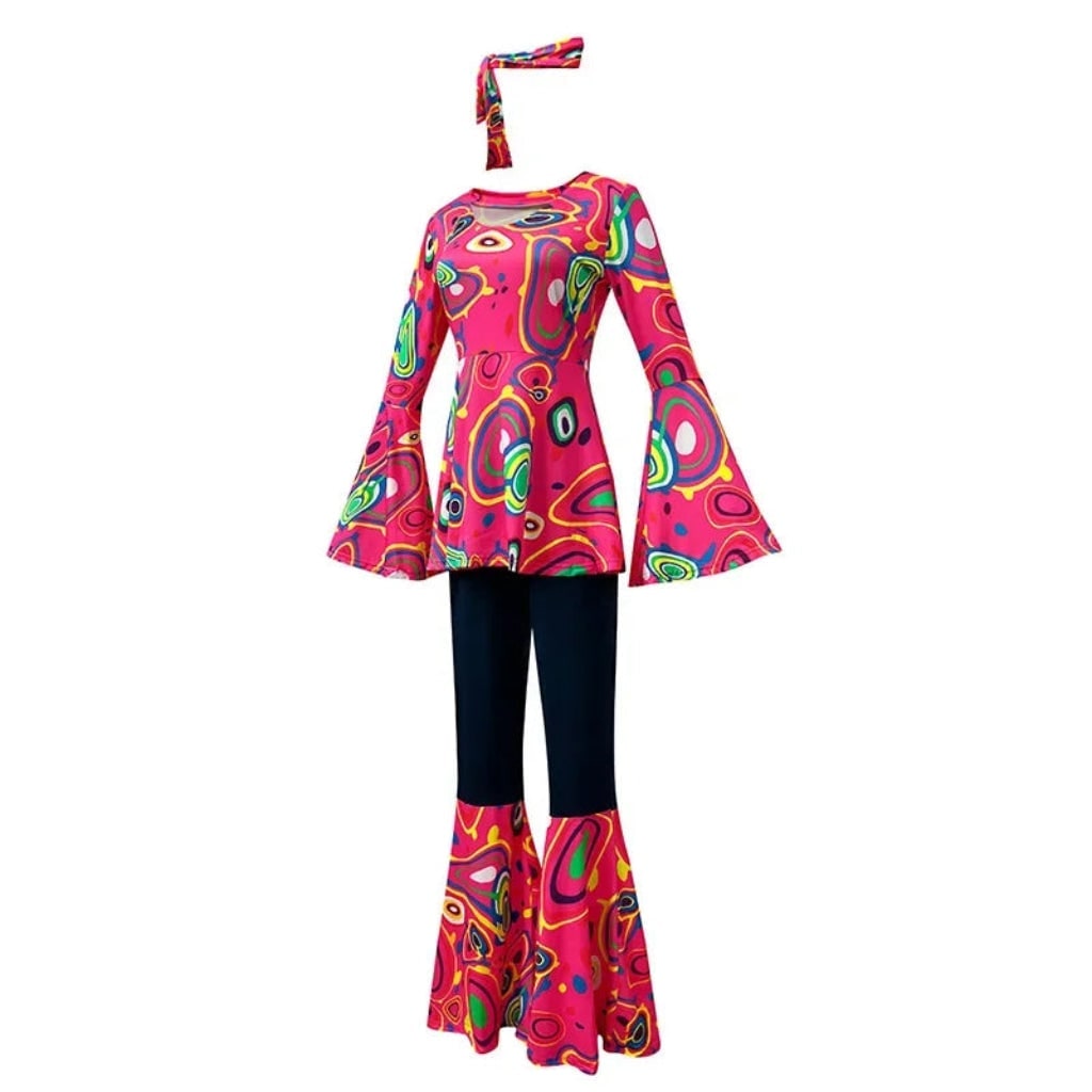 70s Hippie Costume Three Piece Set with Bell Bottom Trousers and Headband