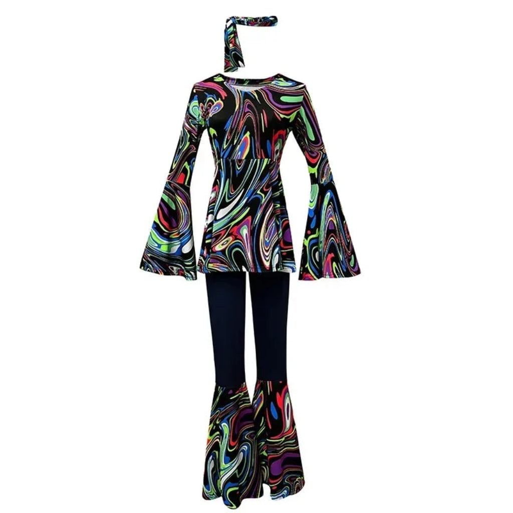 70s Hippie Costume Three Piece Set with Bell Bottom Trousers and Headband