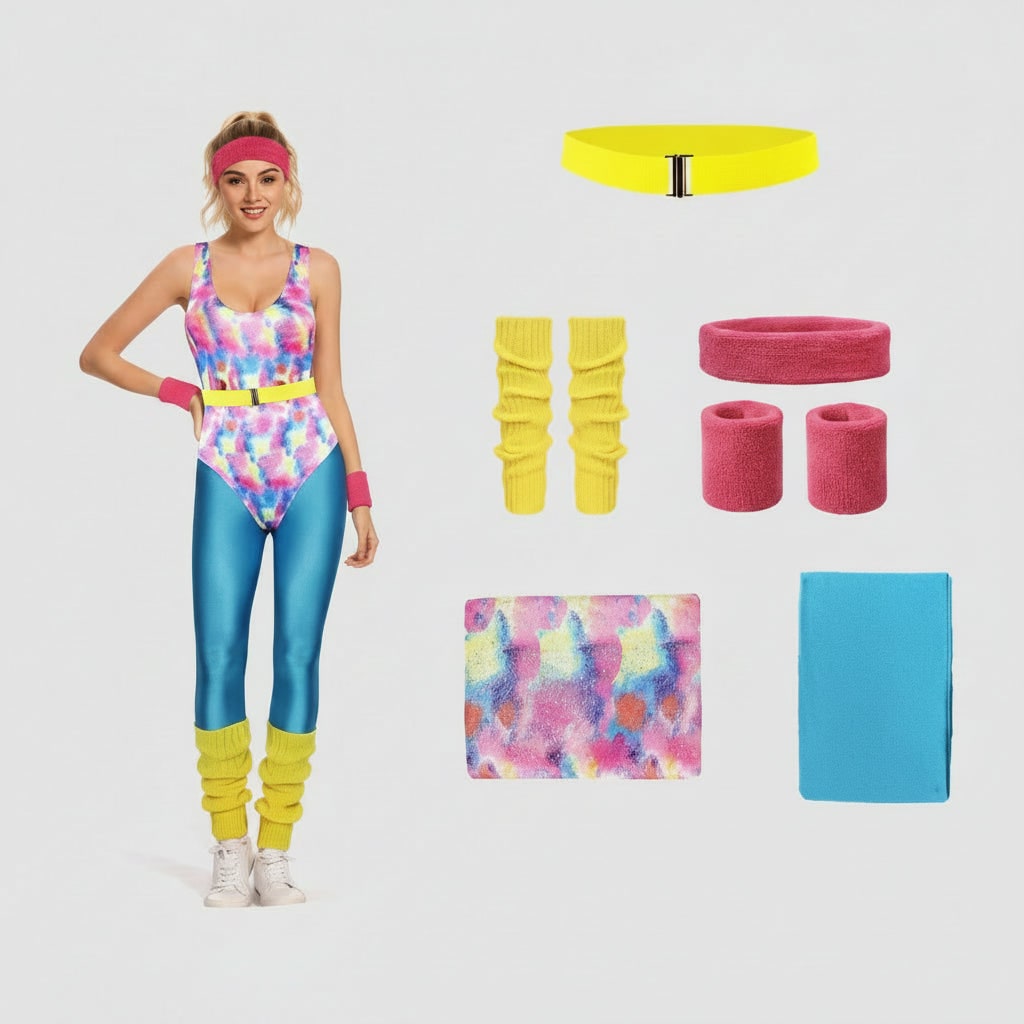 80s Halloween Costumes Aerobics Leotard Set with Leg Warmers Headband and Wristbands