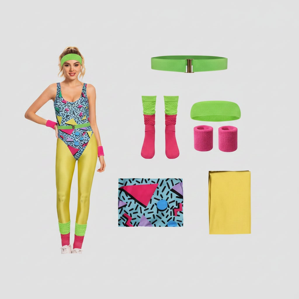 80s Halloween Costumes Aerobics Leotard Set with Leg Warmers Headband and Wristbands