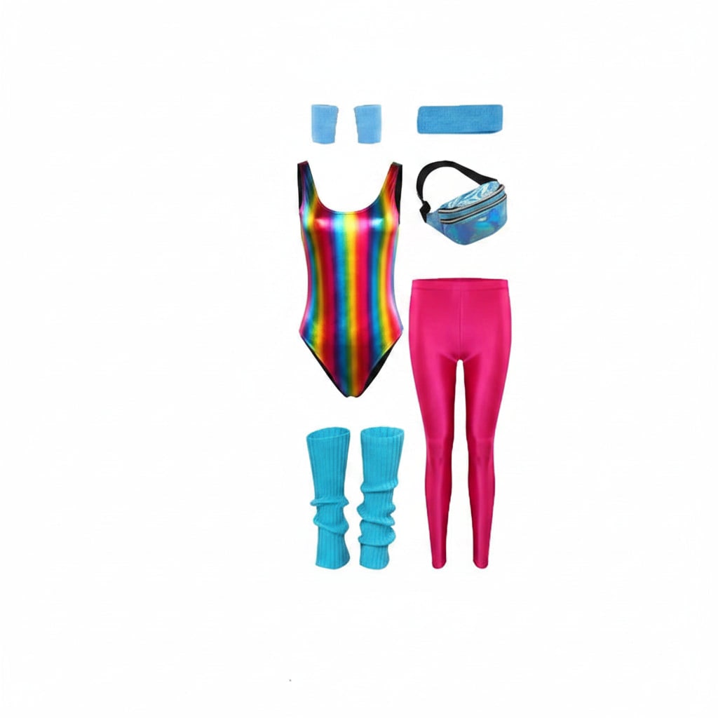 80s Halloween Costumes Aerobics Leotard Set with Leg Warmers Headband and Wristbands