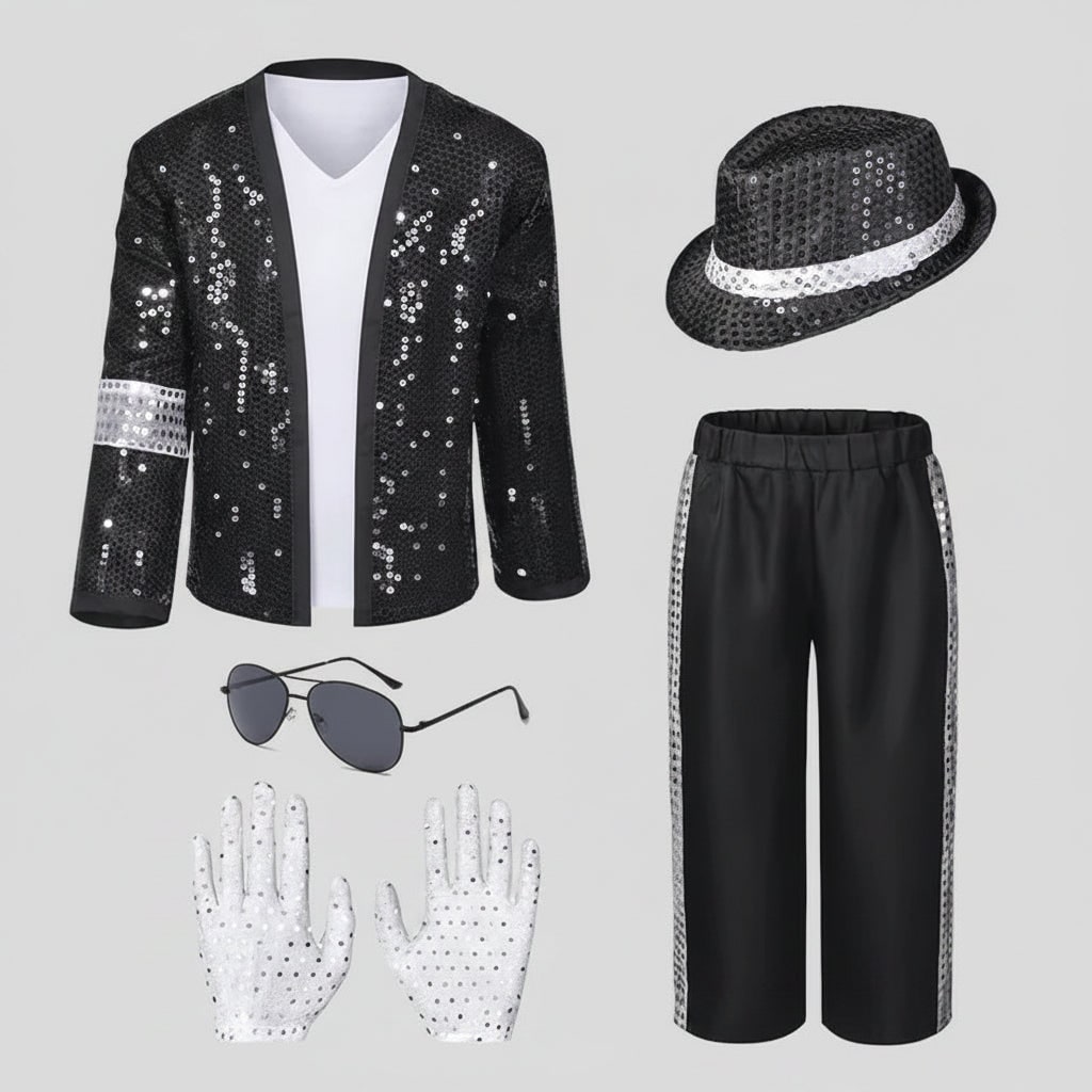 Halloween Dance Costume MJ King of Pop Outfit with Sequin Jacket Fedora Hat and Gloves for Party