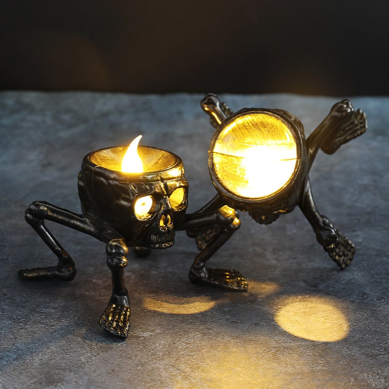 Halloween Skeleton Decorations with Flameless Flickering Candles and Battery Operated Skull Lights