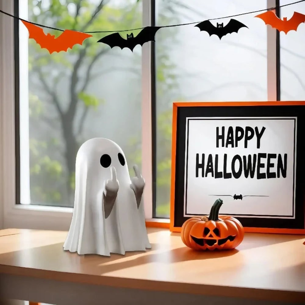 Halloween Ghost Tabletop Figurine with Raised Hands and Cheeky Rude Gesture