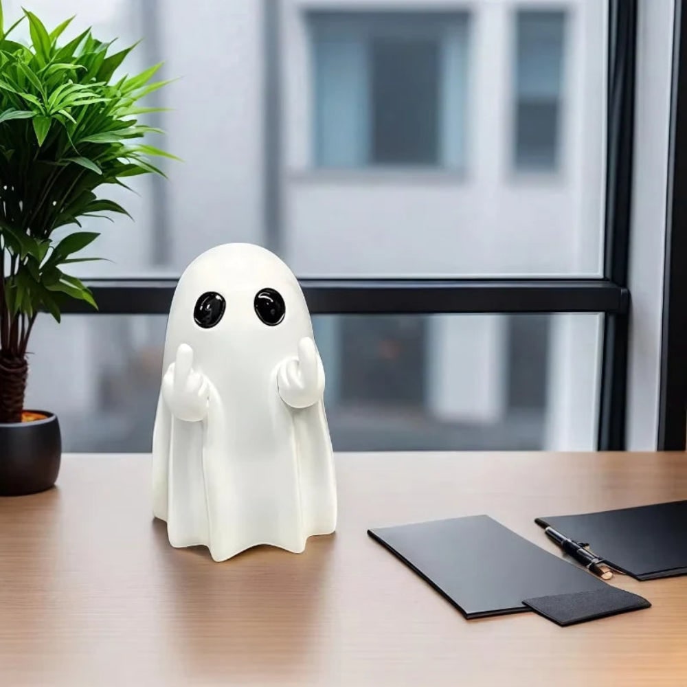 Halloween Ghost Tabletop Figurine with Raised Hands and Cheeky Rude Gesture