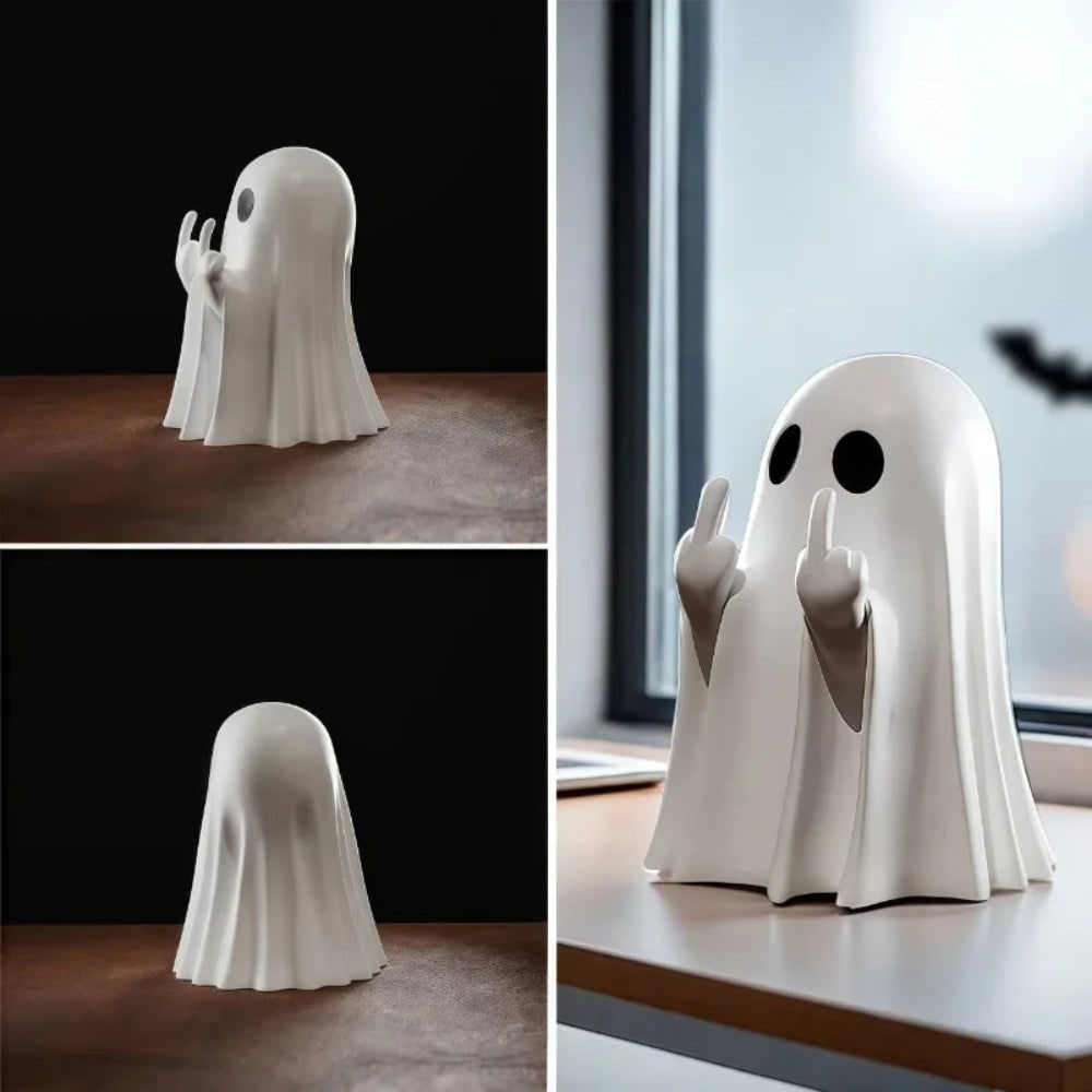Halloween Ghost Tabletop Figurine with Raised Hands and Cheeky Rude Gesture