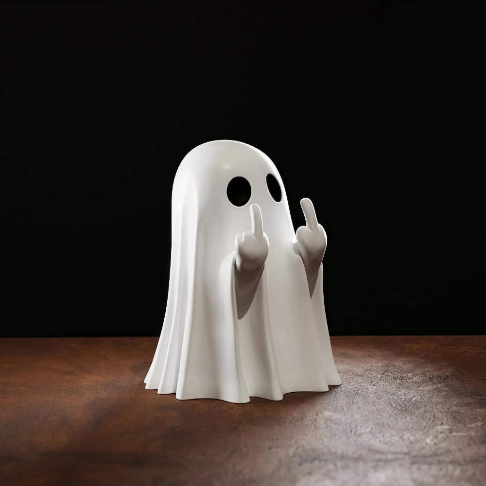 Halloween Ghost Tabletop Figurine with Raised Hands and Cheeky Rude Gesture