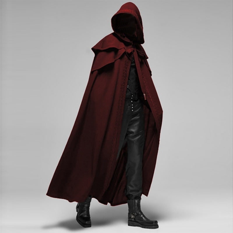 Gothic Halloween Costume Hooded Cloak with Shoulder Capelet and Decorative Trim
