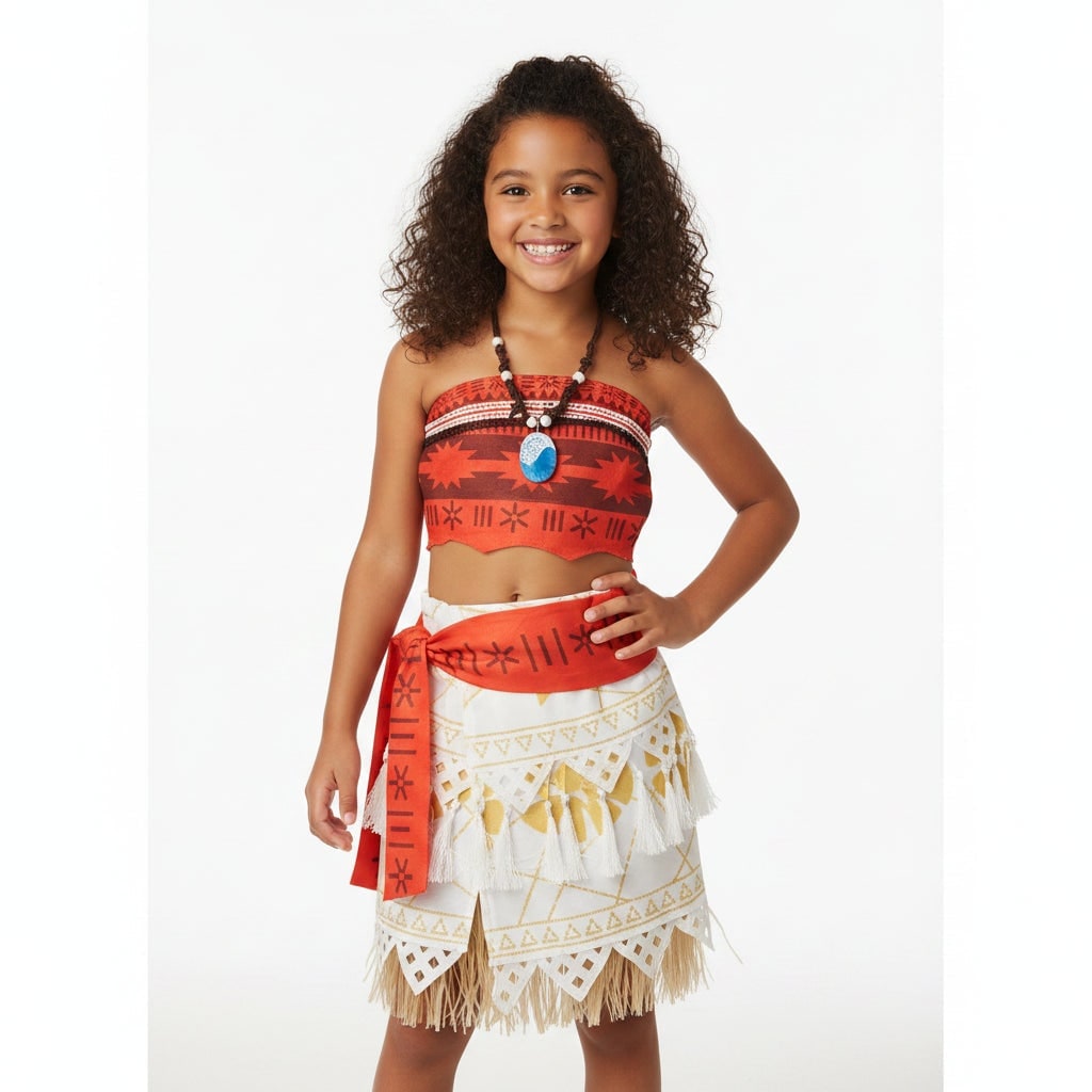 Tropical Island Princess Halloween Costume with Grass Skirt and Patterned Top
