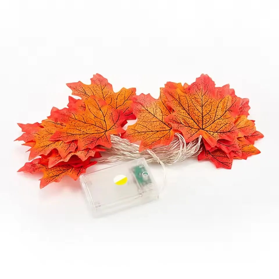 Maple Leaf Garland with Amber String Lights for Fall and Halloween Displays