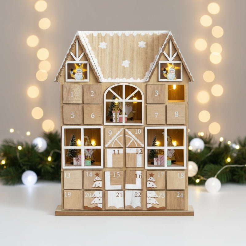 Advent Calendar Wooden Village Lit with 24 Compartments