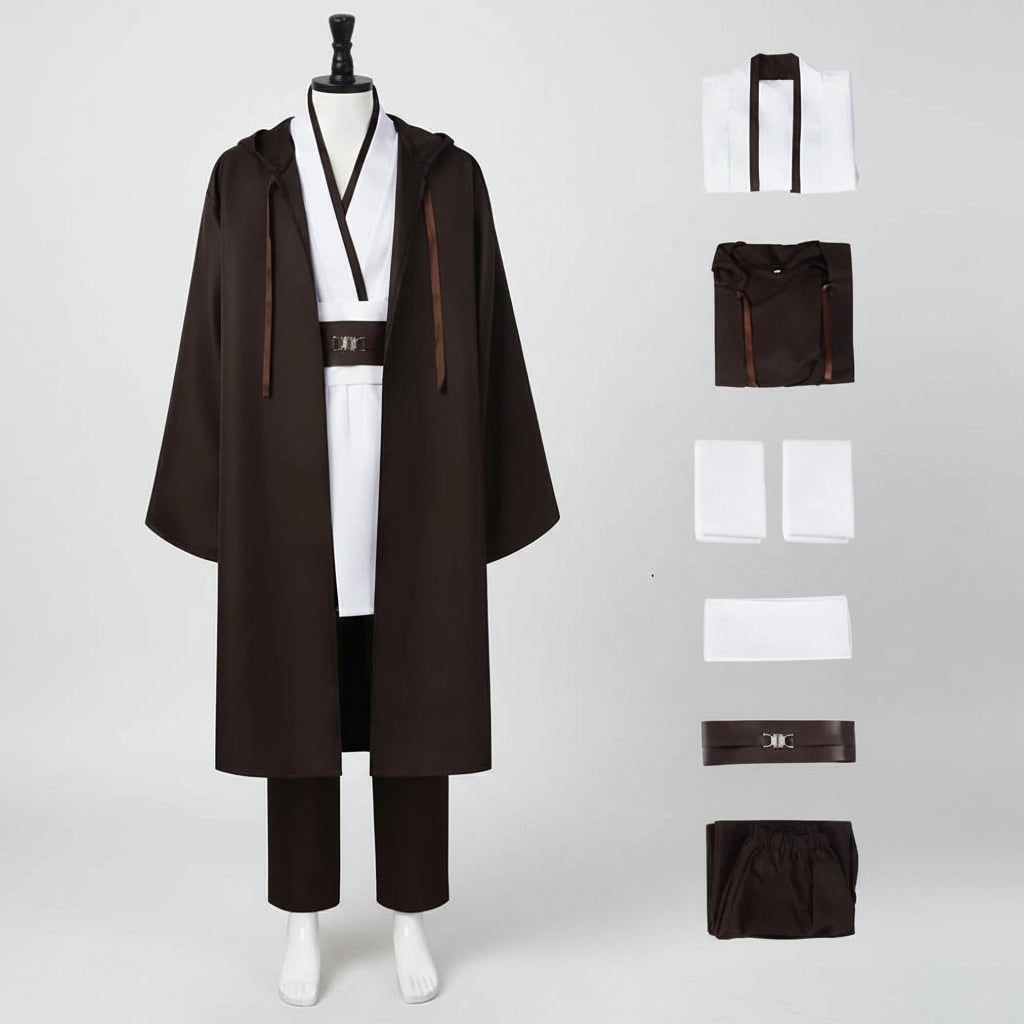 Hooded Robe Cosplay Costume Set with Wrap Tunic Shoulder Tabards and Buckle Belt