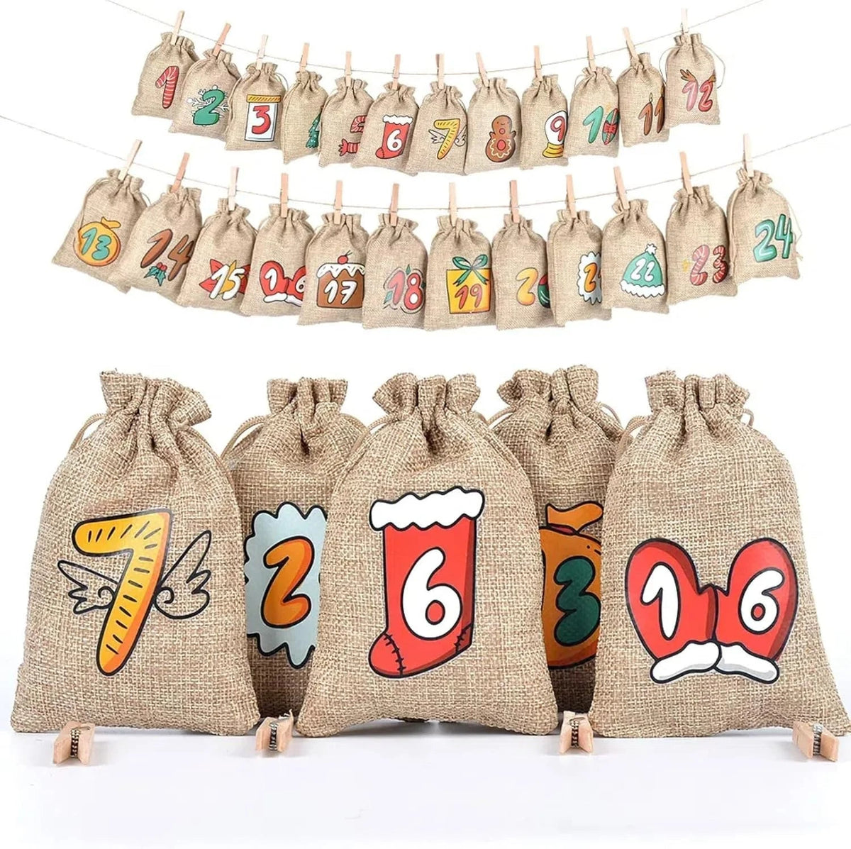 Advent Calendar Jute 24 Numbered Bags with Wooden Clips to Hang