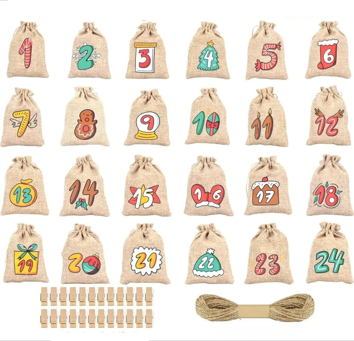Advent Calendar Jute 24 Numbered Bags with Wooden Clips to Hang