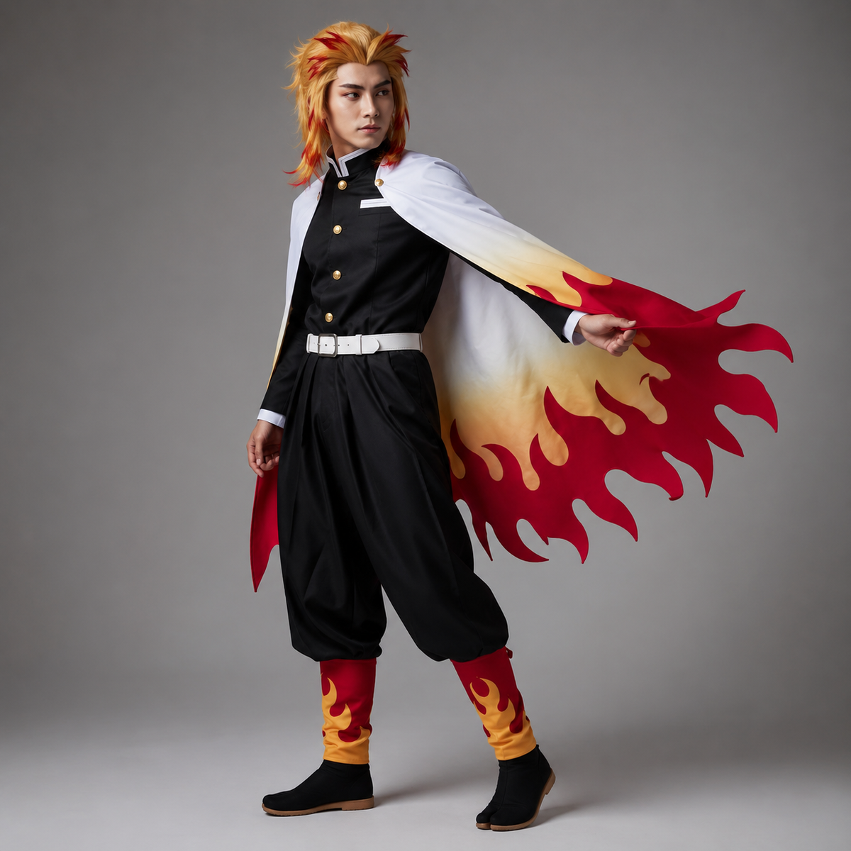 Anime Warrior Costumes with Flame Gradient Cape Jacket and Leg Wraps