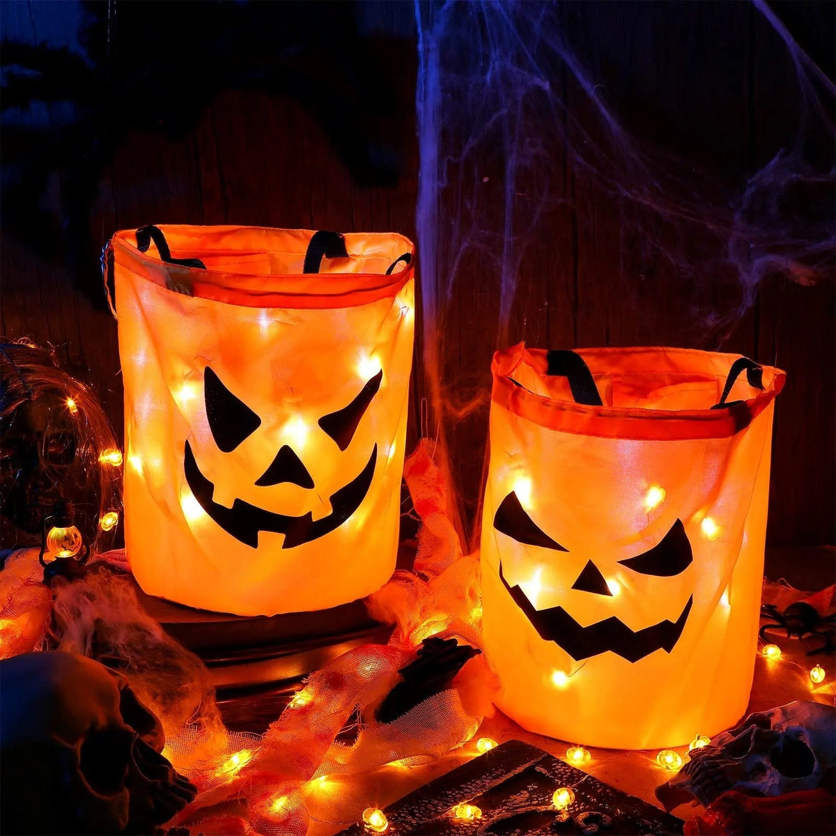 Glowing Pumpkin Candy Bucket and Bag for Halloween Trick or Treat Nights