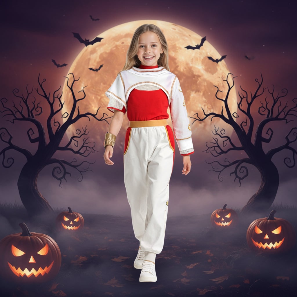 Kids Halloween Costumes Cosplay Jumpsuit with Blonde Wig Gold Wrist Cuff and Jogger Pants