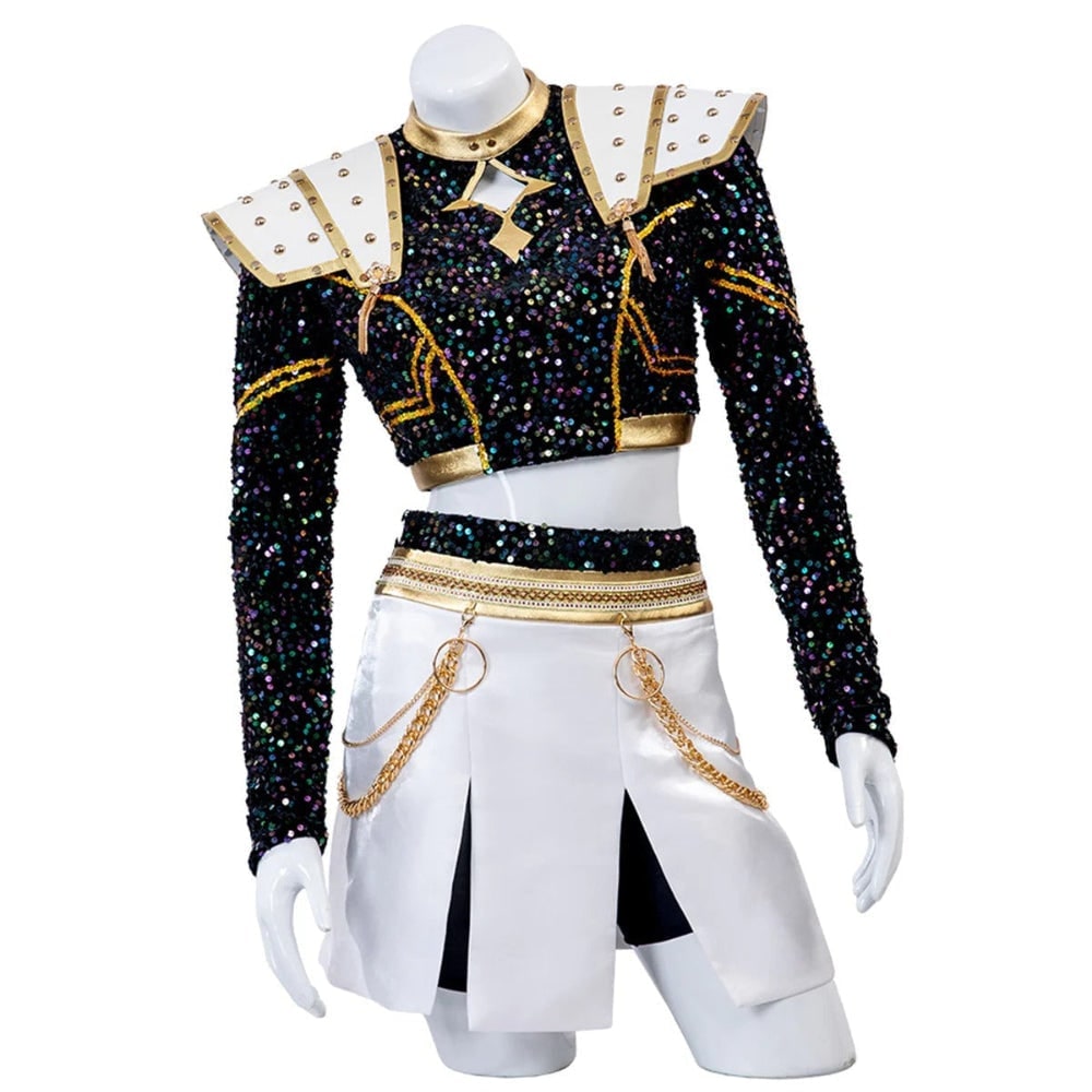 Cosplay Wigs and Stage Costume Set with Sequined Crop Top Pleated Skirt and Shoulder Armour