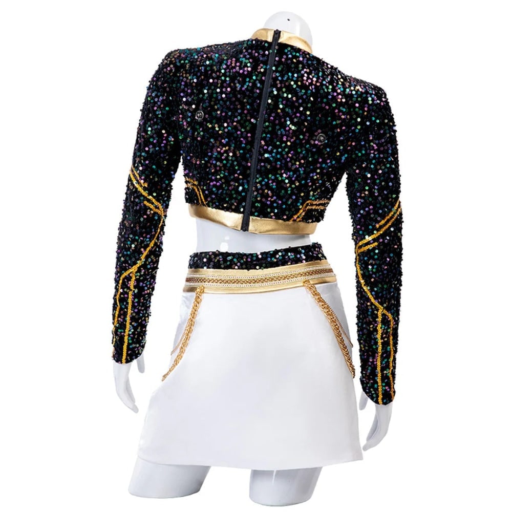 Cosplay Wigs and Stage Costume Set with Sequined Crop Top Pleated Skirt and Shoulder Armour