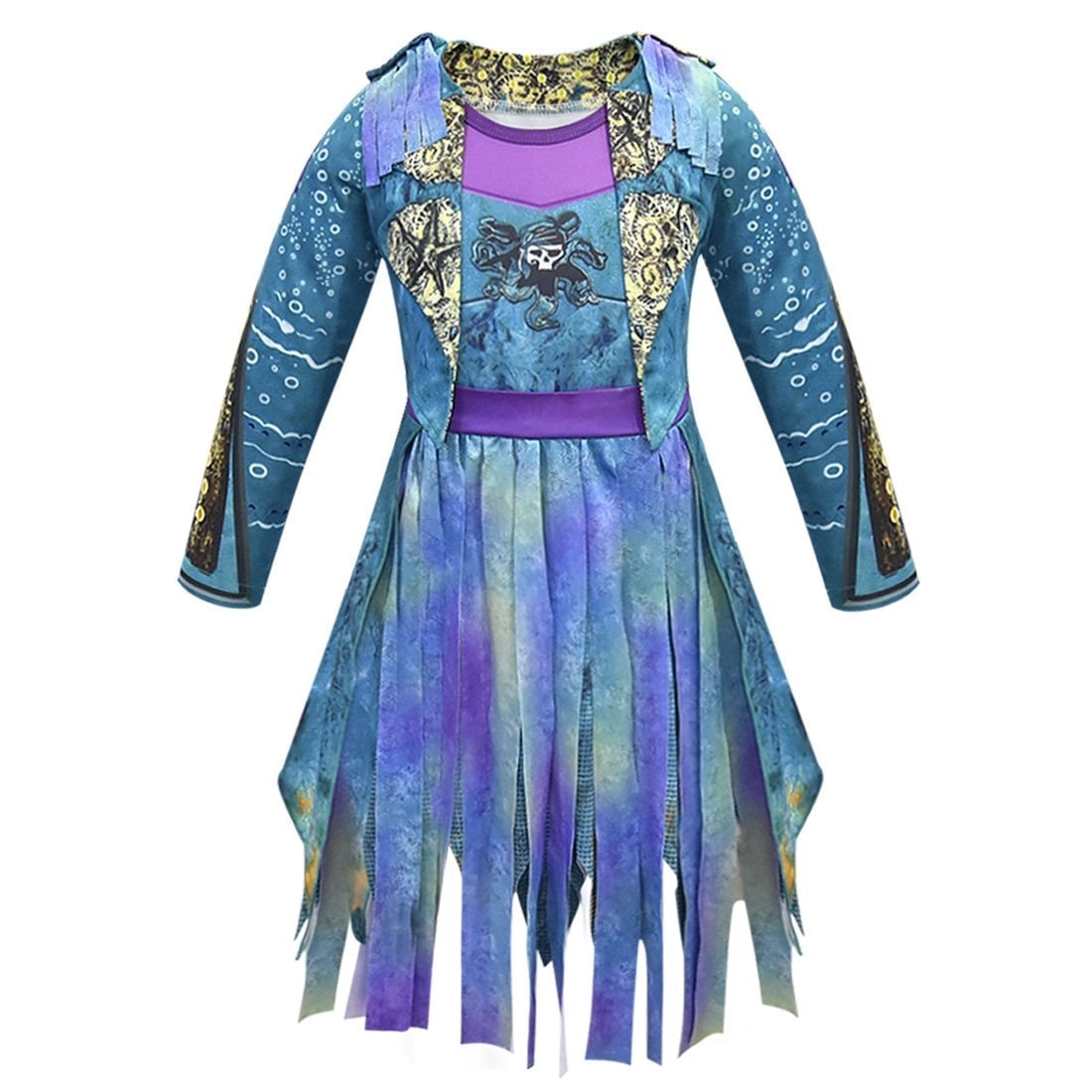 Kids Pirate Costume Dress with Skull Graphic Tattered Hem and Faux Vest Overlay
