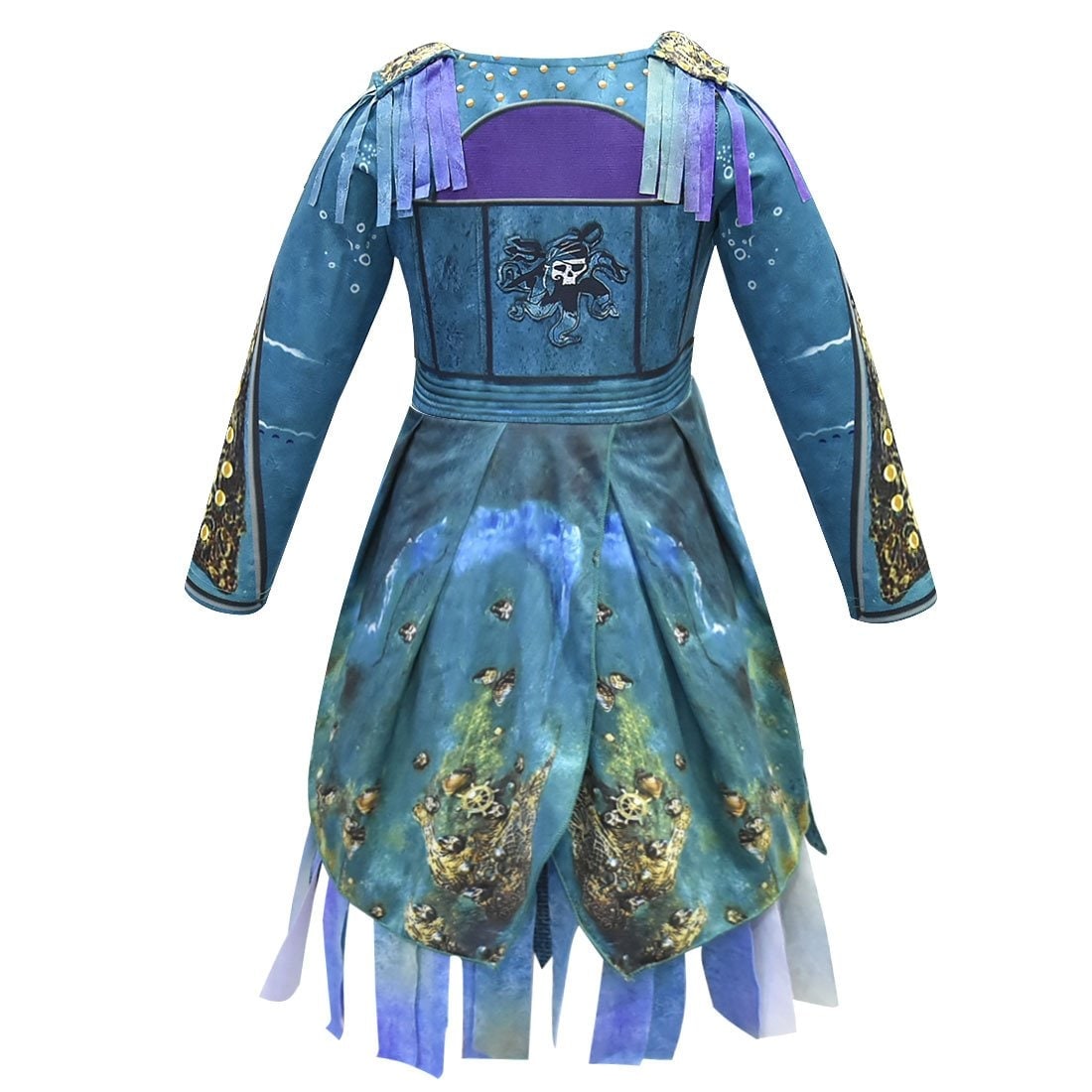Kids Pirate Costume Dress with Skull Graphic Tattered Hem and Faux Vest Overlay