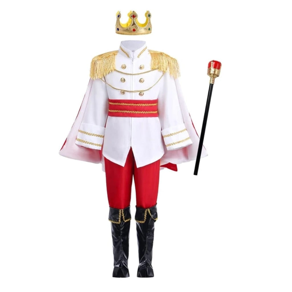 Kids Royal Prince Halloween Costume Set with Gold Crown Sceptre and Cape