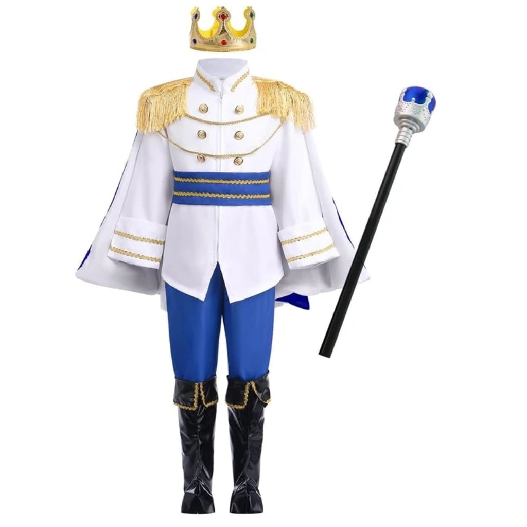 Kids Royal Prince Halloween Costume Set with Gold Crown Sceptre and Cape