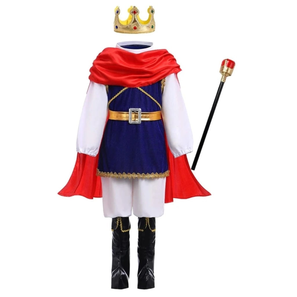 Kids Royal Prince Halloween Costume Set with Gold Crown Sceptre and Cape