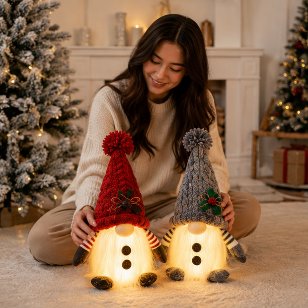 Christmas Lights Gnome Pair Knitted with a Soft Glow