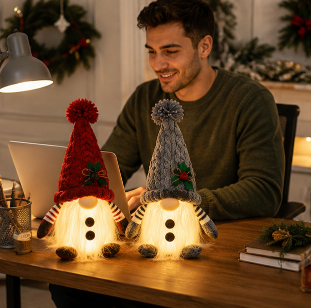 Christmas Lights Gnome Pair Knitted with a Soft Glow