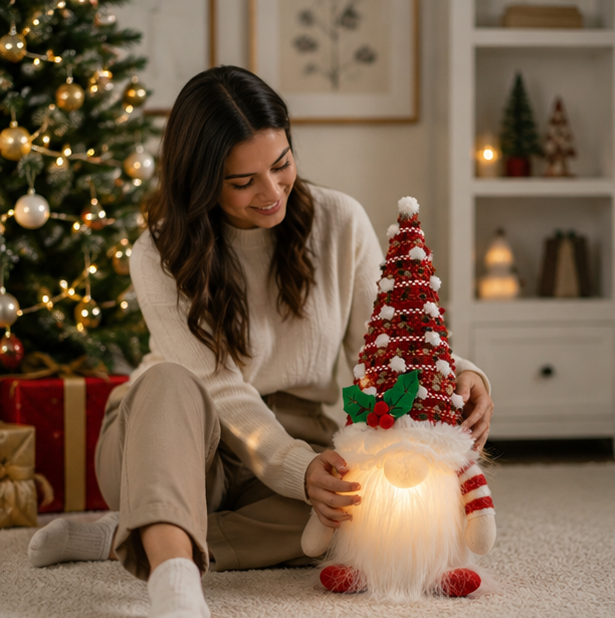 Christmas Lights Gnome Plush with a Tall Knitted Hat