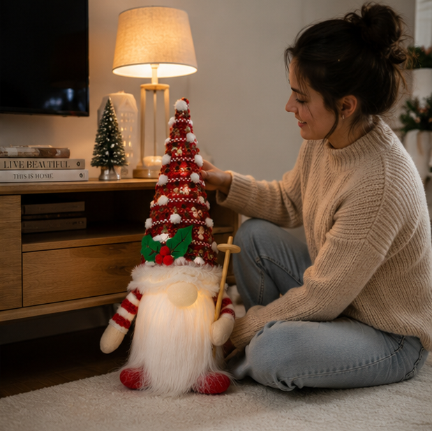 Christmas Lights Gnome Plush with a Tall Knitted Hat