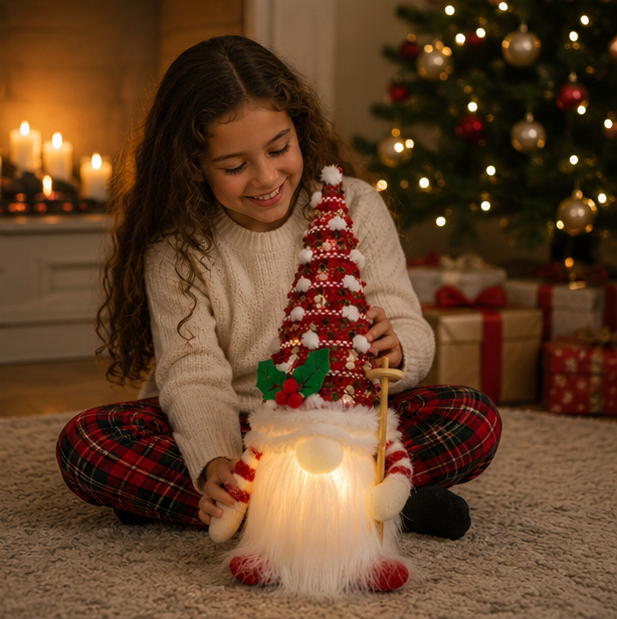 Christmas Lights Gnome Plush with a Tall Knitted Hat