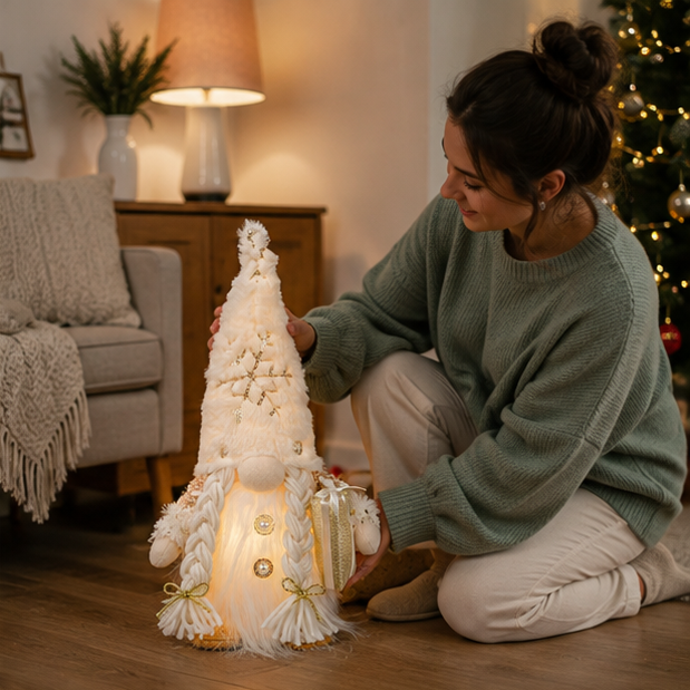 Christmas Lights Gnome Plush with a Tall Knitted Hat