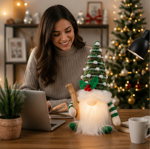Christmas Lights Gnome Plush with a Tall Knitted Hat