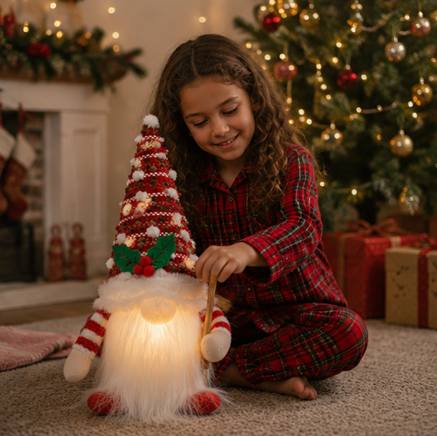 Christmas Lights Gnome Plush with a Tall Knitted Hat