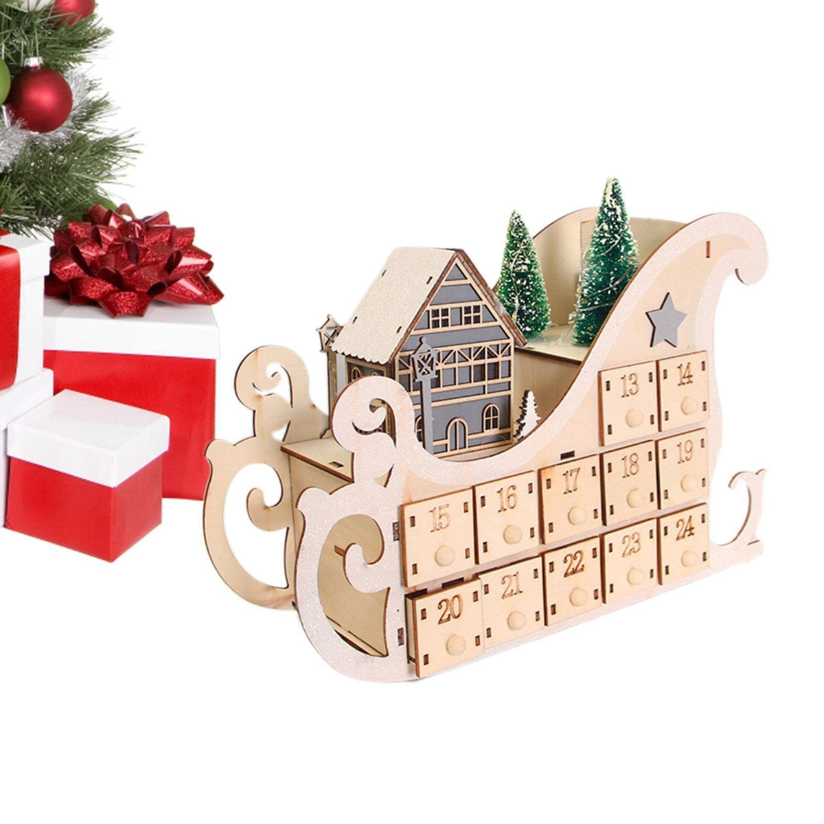 Advent Calendar Wooden Tree Display with 24 Compartments