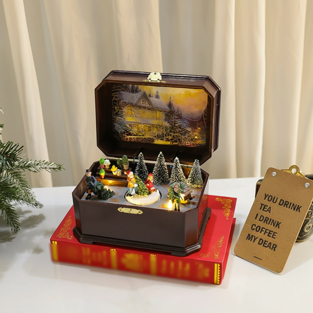 Christmas Lights Snow Globe Music Box Lamp with Rotating Carousel Scene
