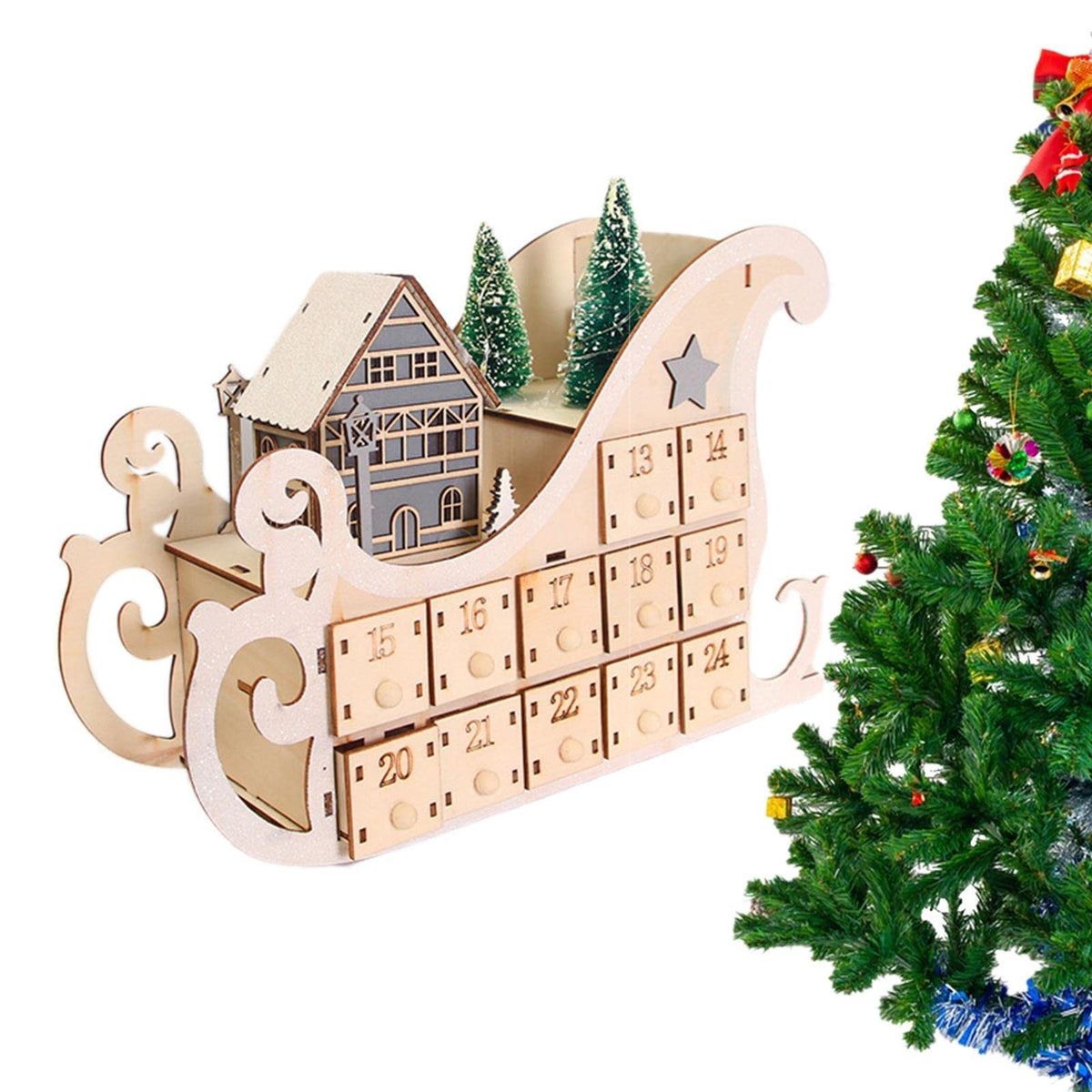 Advent Calendar Wooden Tree Display with 24 Compartments