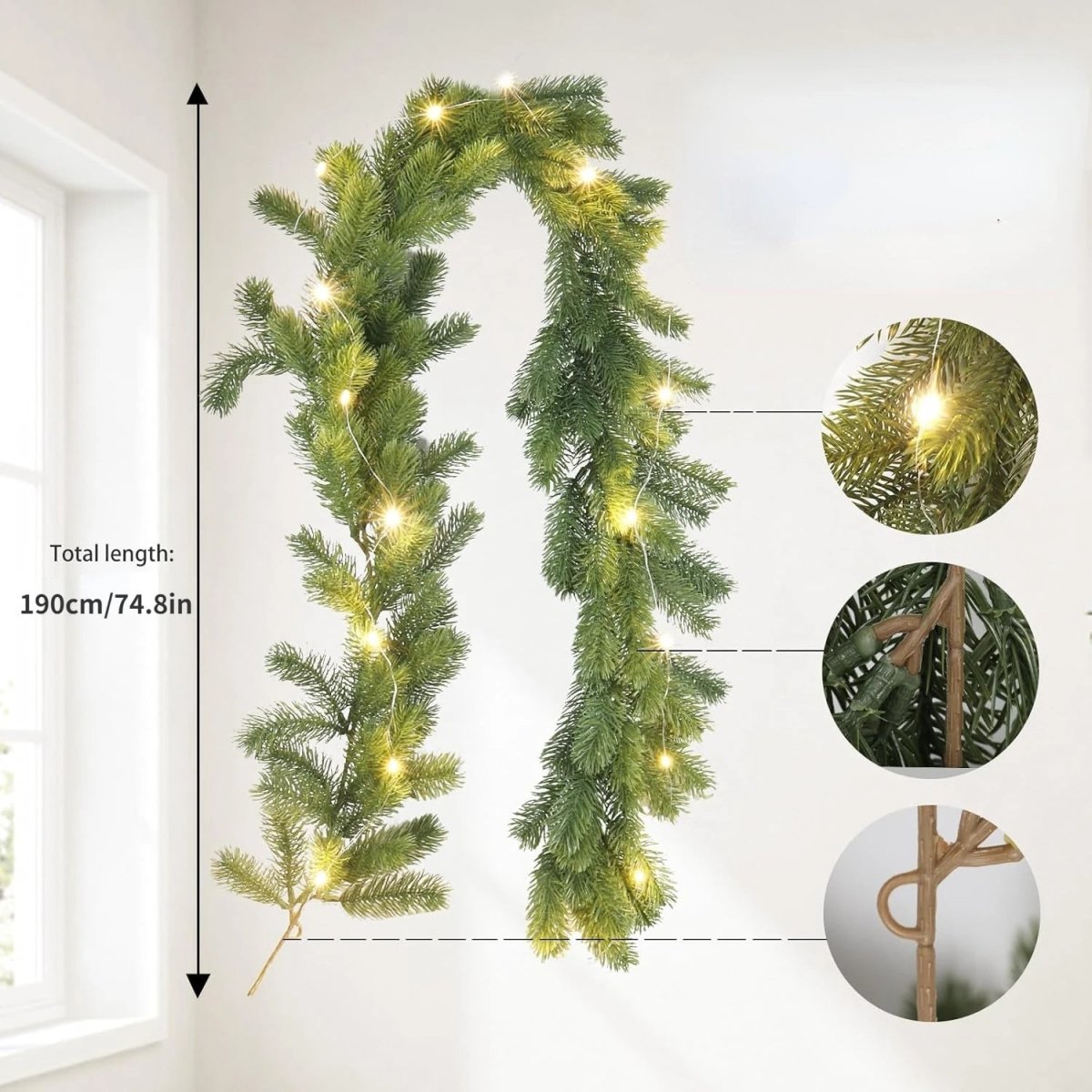 Christmas Garland 190 cm Artificial Pine with a Warm White LED String