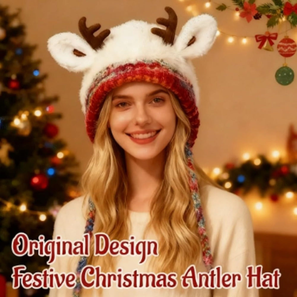 Beanie Hat Knit Reindeer with Ear Flaps and Braided Ties in Three Colors